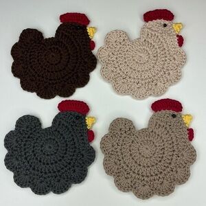 Chicken Cup Mug Coasters Set of 4 Handcrafted Crochet by Seller Cotton